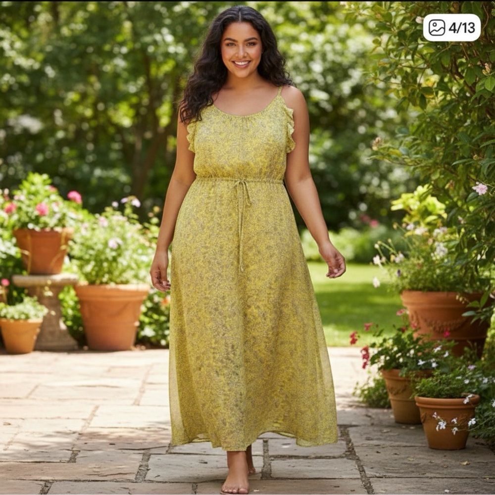 Who What Wear‎ Yellow Chiffon Floral Summer Maxi Slip Dress, XL